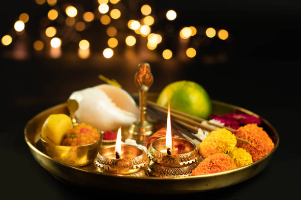 Golden Brass Pooja Ki Thali With Fruit, Marigold, Ghanti, Diya, Deep, Dia, Shankh, Phool, Peda, Laddu, Laddoo And Agarbatti. Used In Navratri, Dussehra Puja, Karva Chauth, Shubh Teej, Ganesh Chaturthi