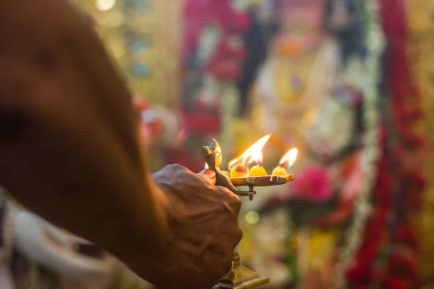 worship of indian god godess idol arati with pancha pradip